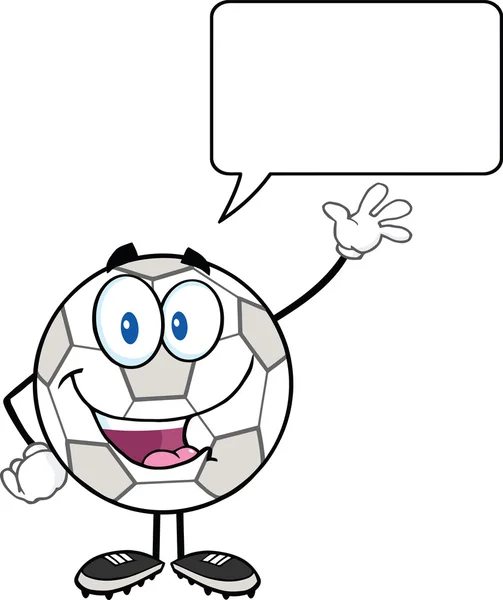 Happy Soccer Ball Cartoon Character Waving For Greeting With Speech Bubble — Stock Photo, Image