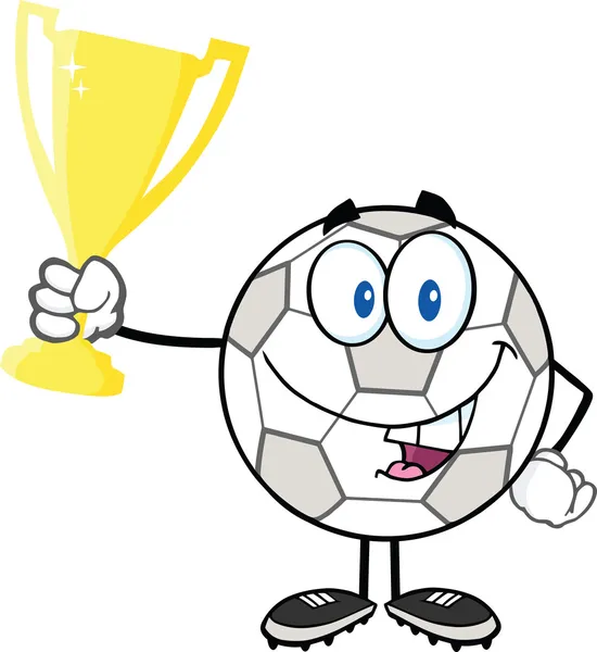 Glücklich Fußball Cartoon-Figur hält goldene Trophäe — Stockfoto