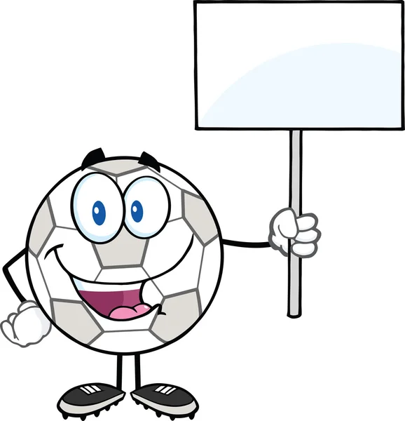 Happy Soccer Ball Cartoon Character Holding A Blank Sign — Stock Photo, Image