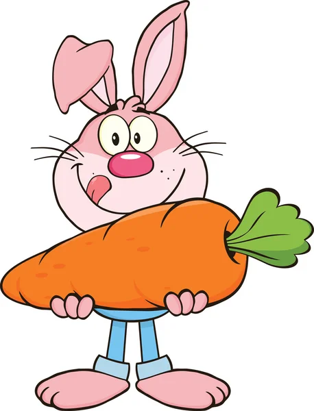 Honger roze konijn stripfiguur houden van een grote wortel — Stockfoto