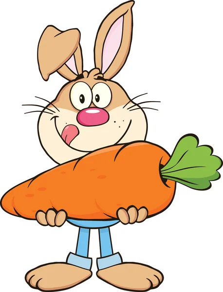 Hungry Rabbit Cartoon Character Holding A Big Marrot — стоковое фото