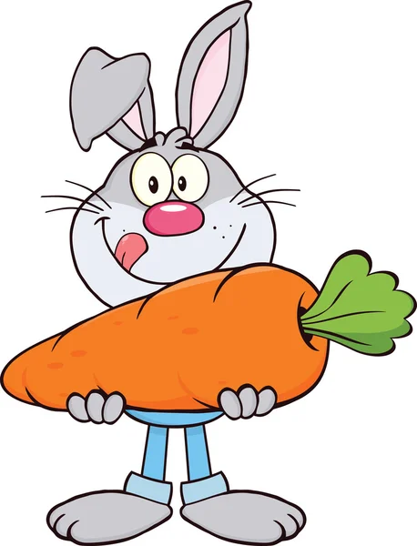 Personaggio dei cartoni animati affamato coniglio grigio tenendo una grande carota — Foto Stock