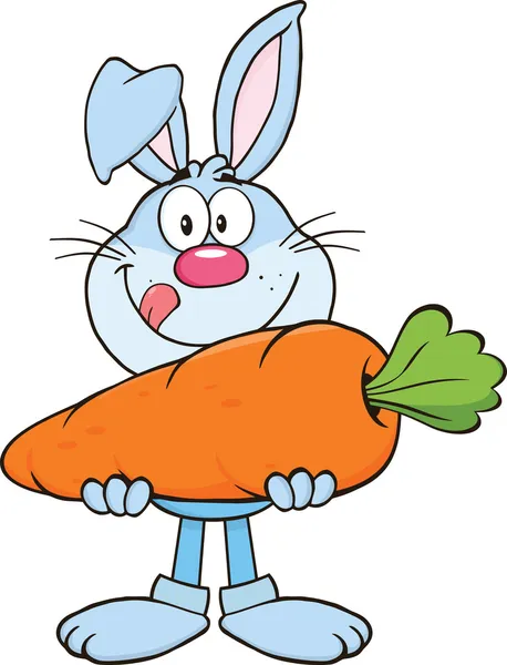 Hungry Blue Rabbit Cartoon Character Holding A Big Carrot — Stock Photo, Image