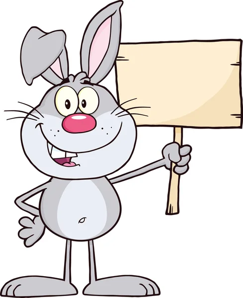 Personaggio divertente grigio coniglio cartone animato che tiene una tavola di legno — Foto Stock