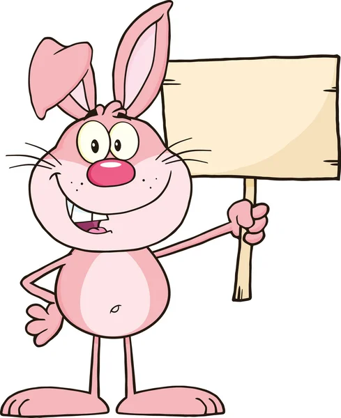Legrační růžový králík kreslená postava drží dřevěné desky — Stock fotografie