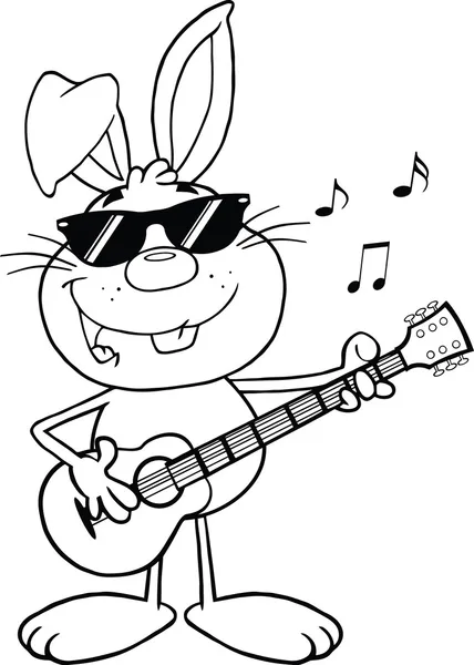 Coelho engraçado preto e branco com óculos de sol tocando uma guitarra e cantando — Fotografia de Stock