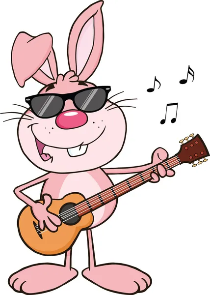Conejo rosa divertido con gafas de sol tocando una guitarra y cantando —  Fotos de Stock