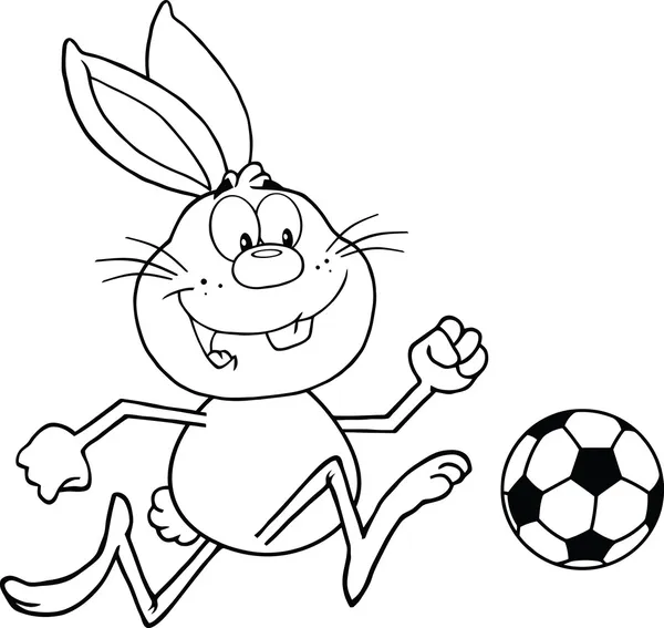 Negro y blanco lindo conejo personaje jugando con balón de fútbol — Foto de Stock