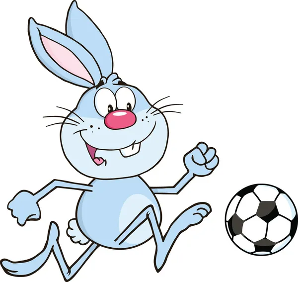 Lindo conejo azul personaje jugando con pelota de fútbol — Foto de Stock