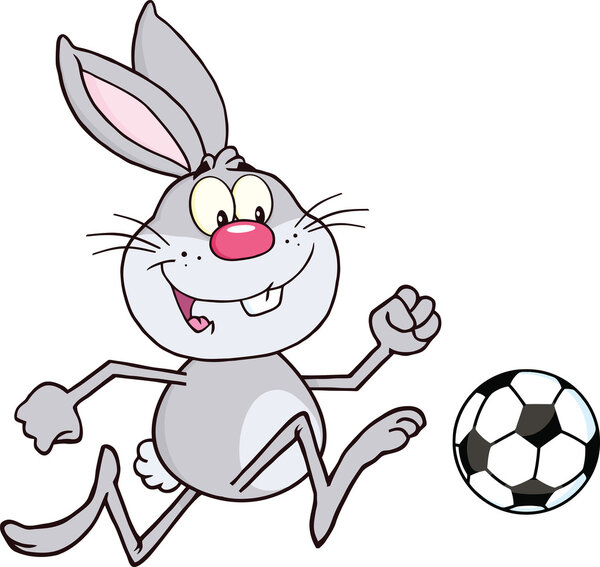 Cute Gray Rabbit Character Playing With Soccer Ball