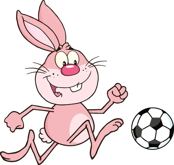 Cute Pink Rabbit Cartoon Character Playing With Soccer Ball — Stock Photo, Image
