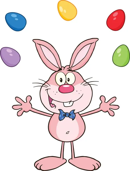 Schattige roze konijn karakter jongleren met Pasen eieren — Stockfoto