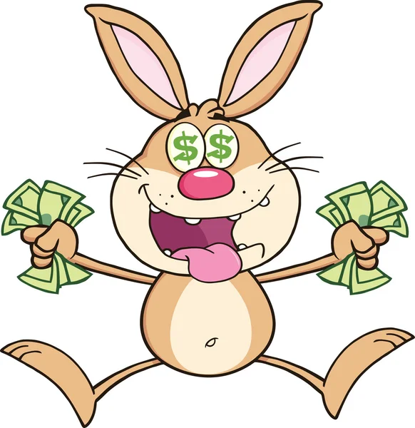 Rik brun kanin karaktär hoppning med kontanter — 图库照片