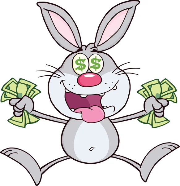 Caráter de coelho cinza rico pulando com dinheiro — Fotografia de Stock