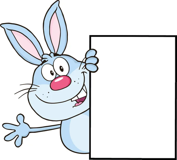 Carino blu coniglio cartone animato personaggio guardando intorno a un segno vuoto e agitando — Foto Stock
