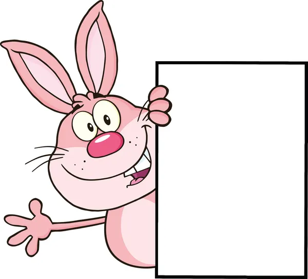 可爱的粉红色兔子卡通人物环顾一个空白的迹象，而且挥舞着 — 图库照片