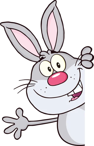 Gray Rabbit Cartoon Character Looking Around A Blank Sign And Waving — Stock Photo, Image