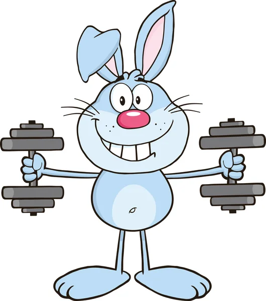 Sonriente conejo azul de dibujos animados de formación de personajes con sombrillas — Foto de Stock