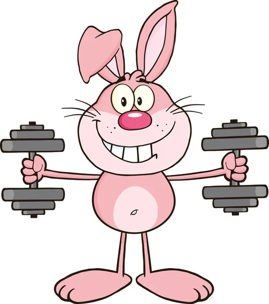 Smiling Pink Rabbit Cartoon Character Training With Dumbbells — Stock Photo, Image