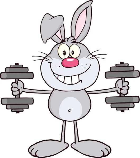 Smiling Gray Rabbit Character Training With Dumbbells — стоковое фото