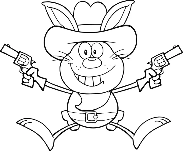 Black and White Cowboy Rabbit Cartoon Character Holding Up Two Revolvers — стоковое фото
