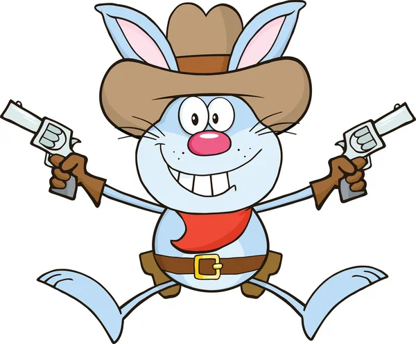 Cowboy-blaue Kaninchen-Cartoon-Figur hält zwei Revolver hoch — Stockfoto