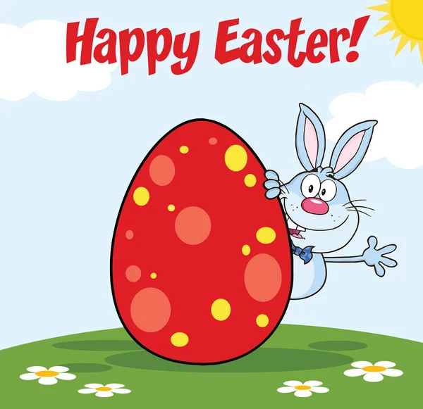 Feliz Pascua de conejo azul carácter ondeando detrás del huevo — Foto de Stock
