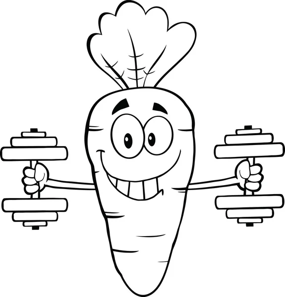 Schwarz-weiß lächelnde Karotten-Cartoon-Figur, die mit Hanteln trainiert — Stockfoto