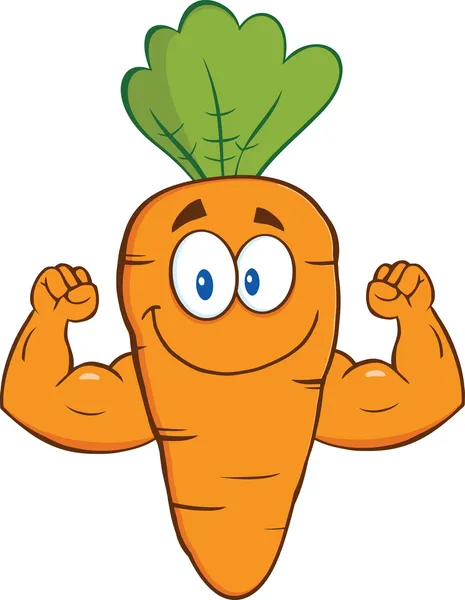 Lindo personaje de dibujos animados de zanahoria mostrando brazos musculares —  Fotos de Stock