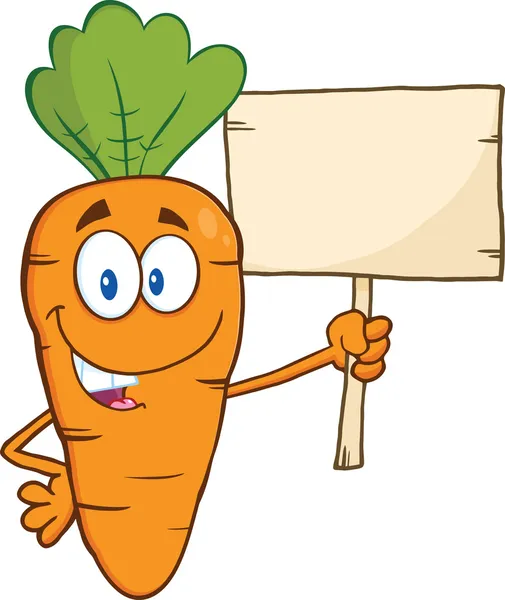Personagem engraçado dos desenhos animados da cenoura que prende uma placa de madeira — Fotografia de Stock
