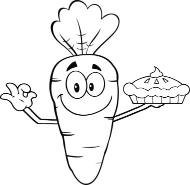 Bir pasta tutan siyah ve beyaz gülümseyen havuç karikatür karakter