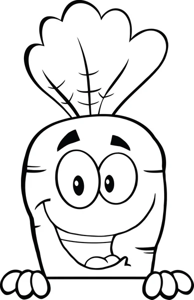 Boş işaretinin üzerine siyah ve beyaz mutlu havuç karikatür karakter — Stok fotoğraf