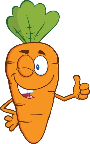 Caráter de desenho animado de cenoura piscando segurando um polegar — Fotografia de Stock