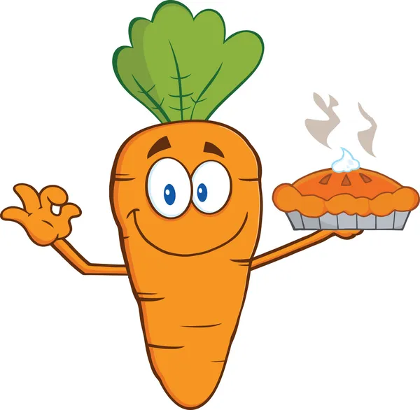 Caráter dos desenhos animados de cenoura sorridente segurando uma torta — Fotografia de Stock