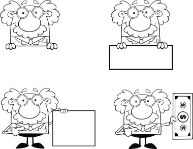 siyah-beyaz komik bilim adamı ya da Profesör farklı pozlar 2 Koleksiyonu kümesi