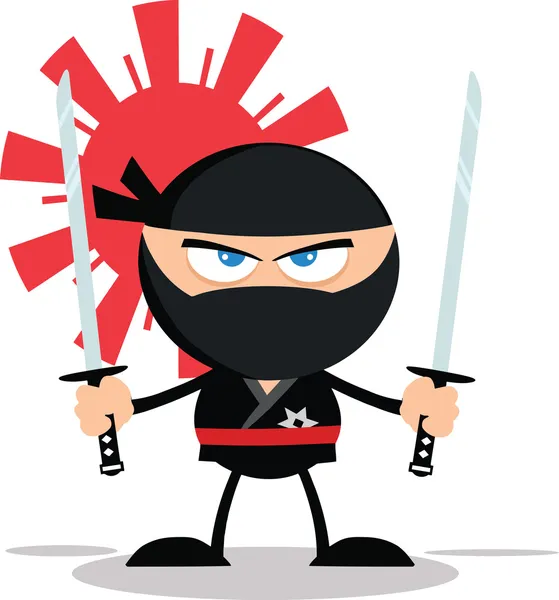 Arg ninja krigare tecknad maskot figur med två katana platt design — Stockfoto