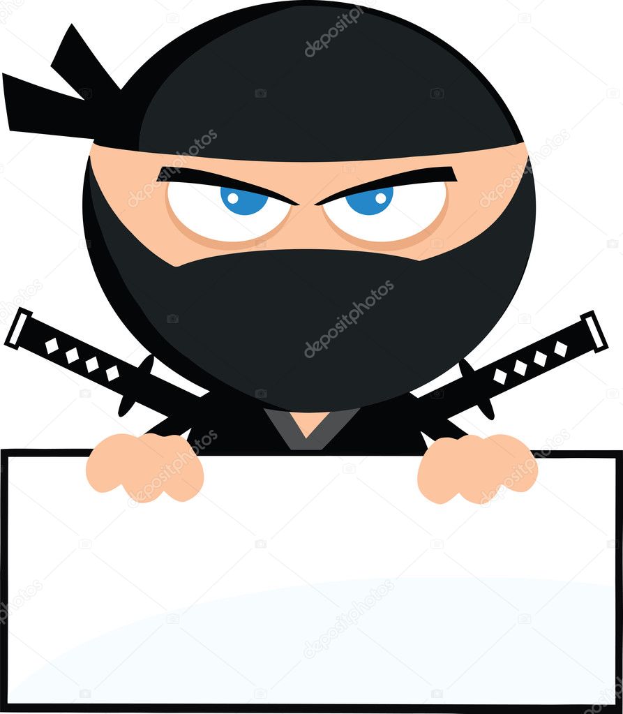 Angry Ninja Warrior Cartoon Character Over Blank Sign Flat Design
