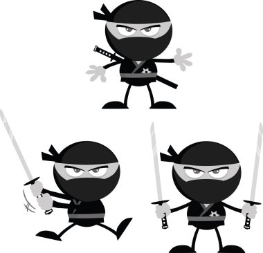 öfkeli ninja savaşçı karakter 1 düz tasarım gri renk koleksiyonu küme