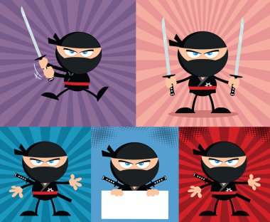öfkeli ninja savaşçı karakter 4 düz tasarım koleksiyonu kümesi