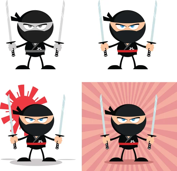 Θυμωμένος ninja πολεμιστής χαρακτήρες 3 επίπεδη σχεδίαση σύνολο συλλογής — Φωτογραφία Αρχείου