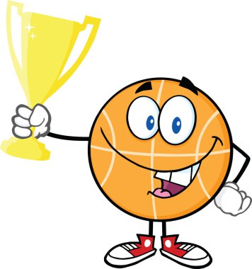 Happy Basketball Cartoon Character Holding Golden Trophy Cup clipart