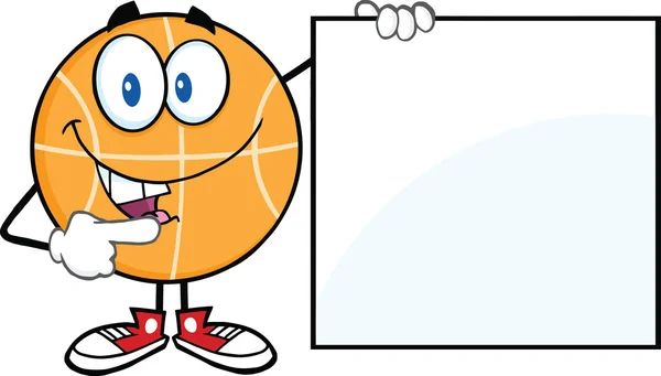 Šťastný basketbal kreslená postavička ukazuje prázdný znak — Stock fotografie