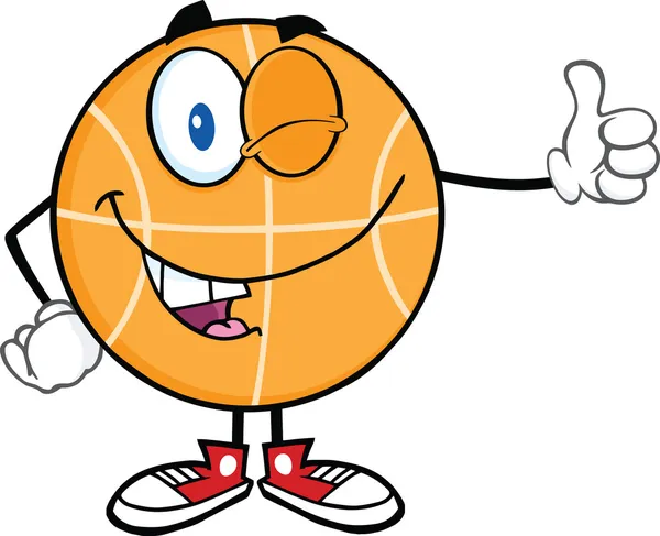 Winking BasketBall personaje de dibujos animados sosteniendo un pulgar hacia arriba —  Fotos de Stock