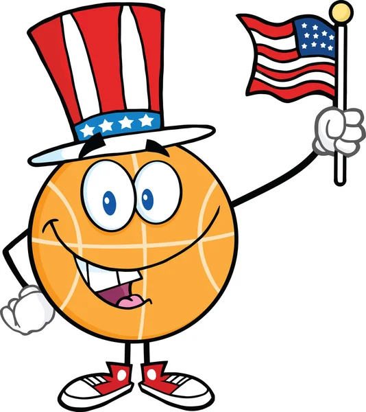 Happy Basketball Cartoon Character With American Patriotic Hat And USA Flag — Stock Photo, Image