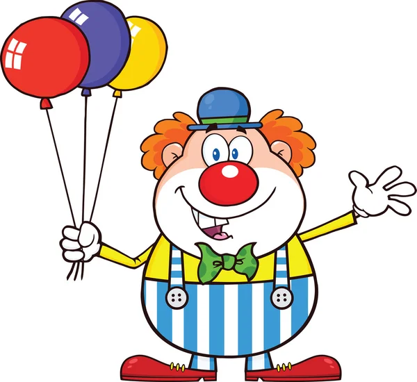 Grappige clown stripfiguur met ballonnen en zwaaien — Stockfoto