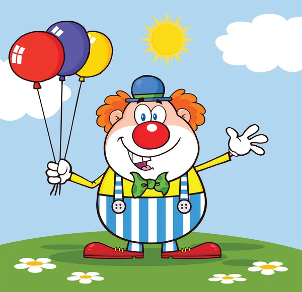 Lustige Clown-Comicfigur mit Luftballons und Winken auf der Wiese — Stockfoto