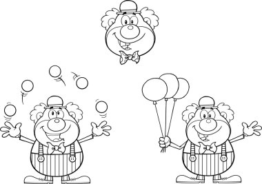 siyah-beyaz komik palyaço çizgi film karakterleri koleksiyonu kümesi