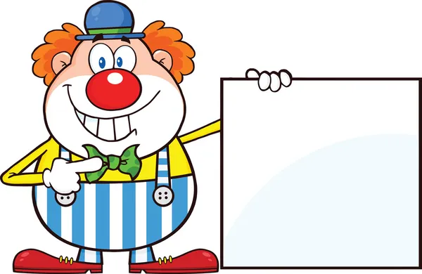 Lachende clown stripfiguur toont een leeg teken — Stockfoto