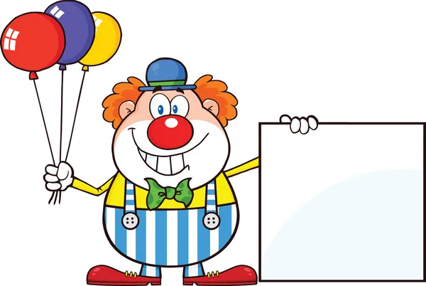 Lustige Clown-Cartoon-Figur mit Luftballons, die ein leeres Schild zeigen — Stockfoto