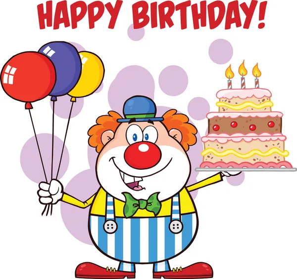 Všechno nejlepší k narozeninám s klaunem kreslená postava s balónky a dort se svíčkami — Stock fotografie